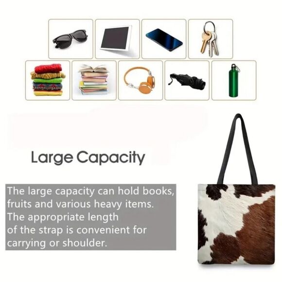 Cow Print Tote Bag with Black Handles Lightweight Shopping Bag - Picture 9 of 13